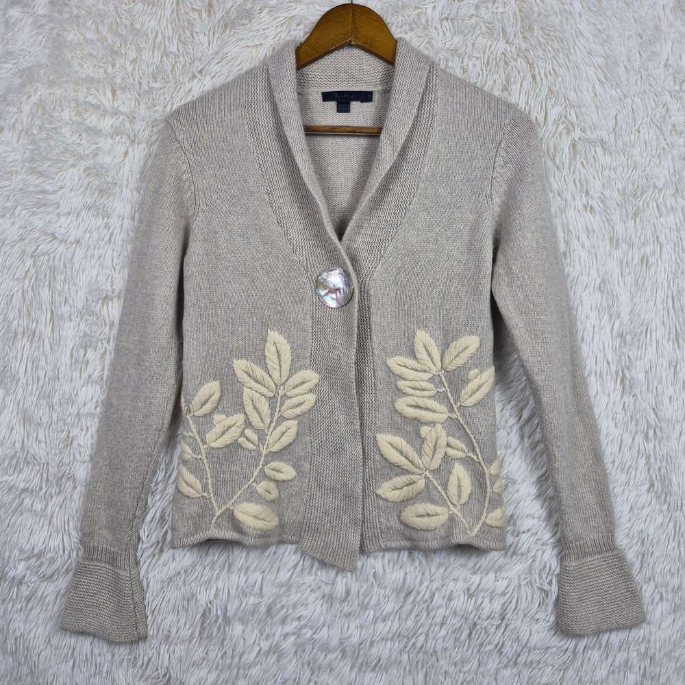 VTG Boden Beige Wool Angora Cashmere Leaf Embroidered Shawl Cardigan US 8 Y2K